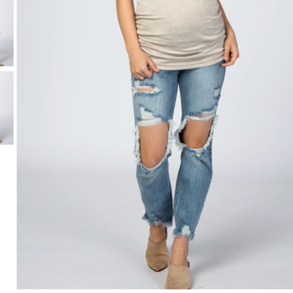 PINK BLUSH LIGHT BLUE OPEN KNEE DISTRESSED CROPPED MATERNITY JEANS